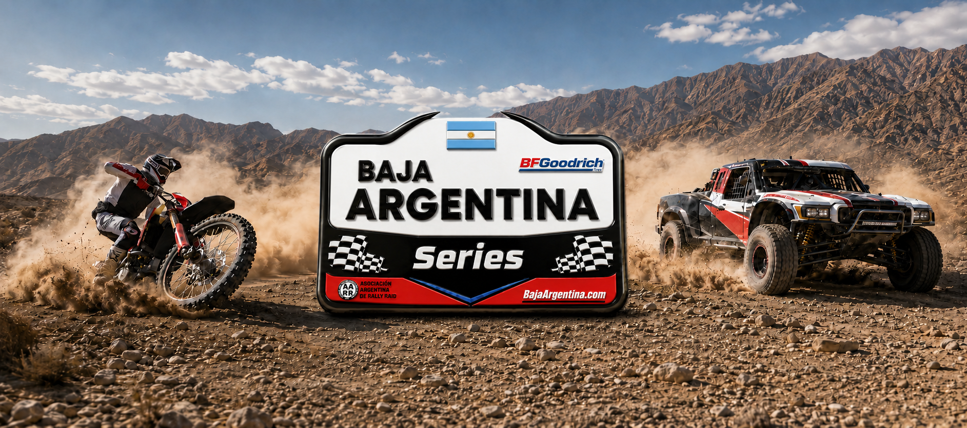 Baja Argentina Series, con una moto y una camioneta de competición en paisaje de montaña